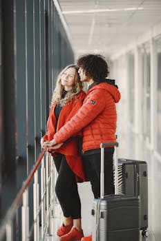 A couple in matching red outfits standing by a window with luggage, showcasing modern travel style.