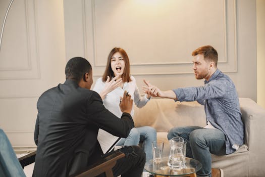 Three adults engaged in a lively discussion indoors, showcasing active communication and expression.