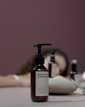 Elegant studio shot of an organic replumping conditioner with focus on the bottle.