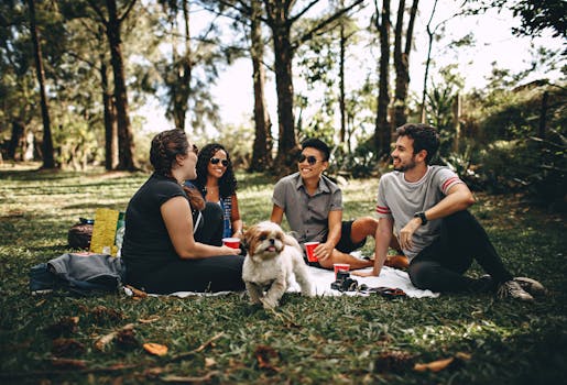 Group of People Sitting on White Mat on Grass Field