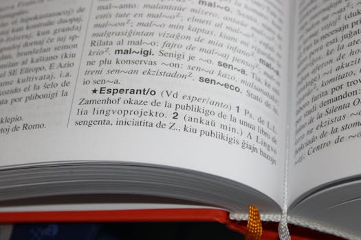 Close-up of an open book featuring text and definitions in Esperanto language.