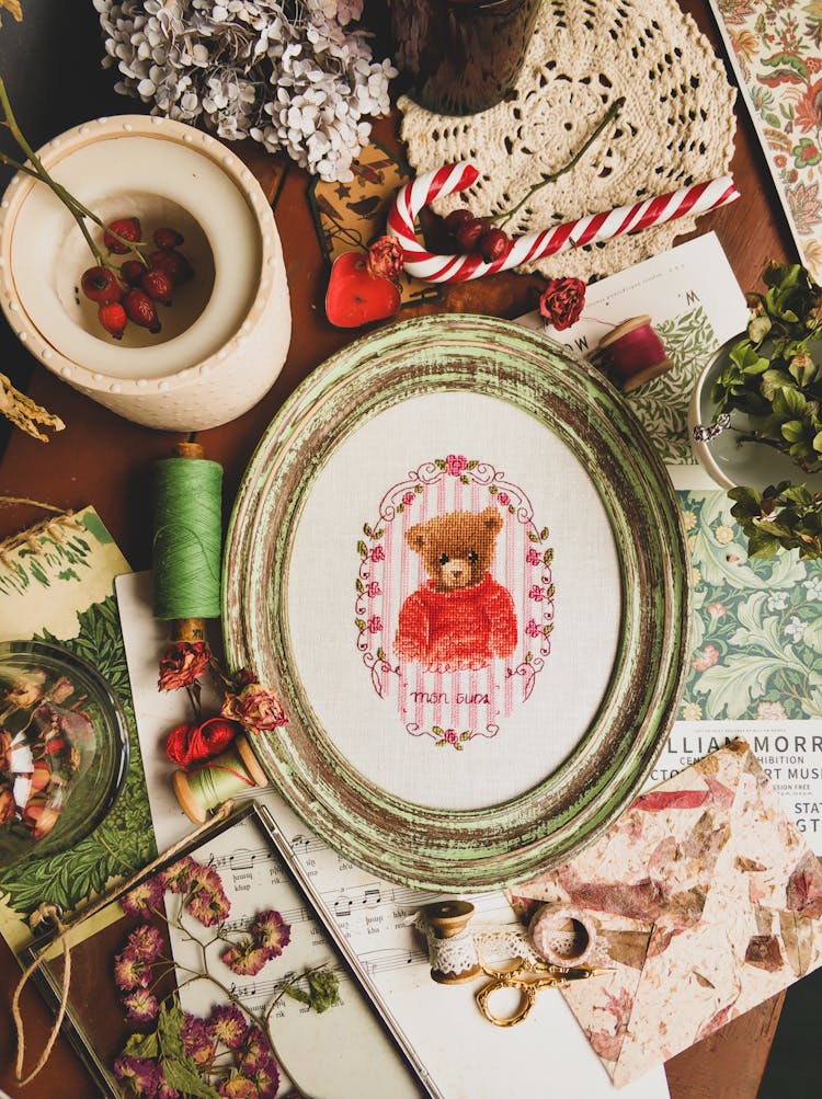 Embroidered Bear On Table With Threads