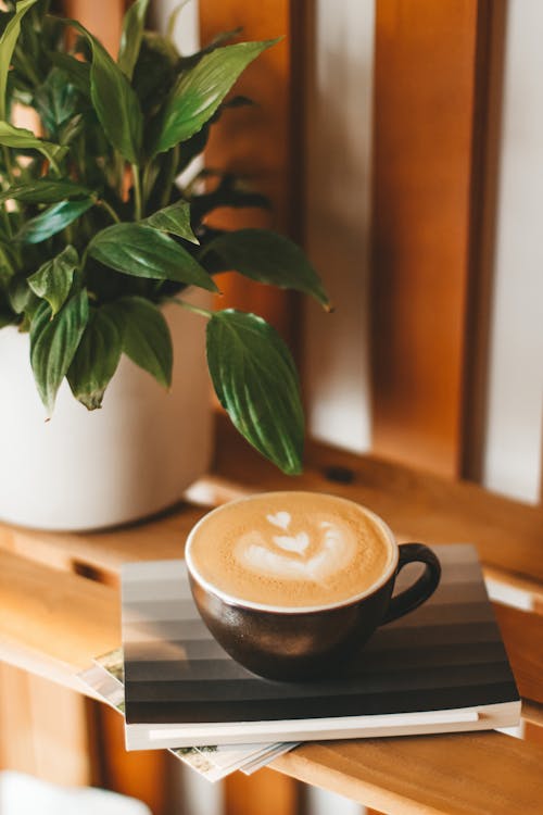Free Cup of fresh cappuccino served on wooden shelf Stock Photo