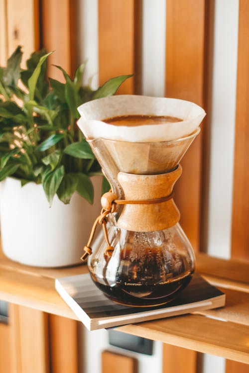 Aromatic delicious black coffee brewing in chemex and placed on wooden shelf near potted plant