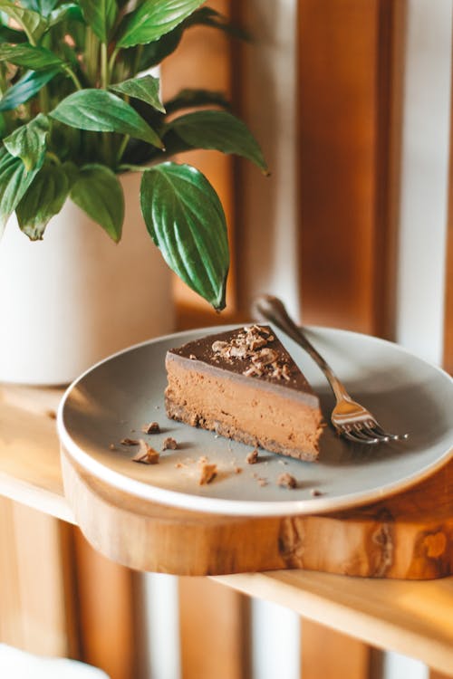 Delicious sweet chocolate cake place on plate with fork on wooden table near potted plate with fresh green leaves