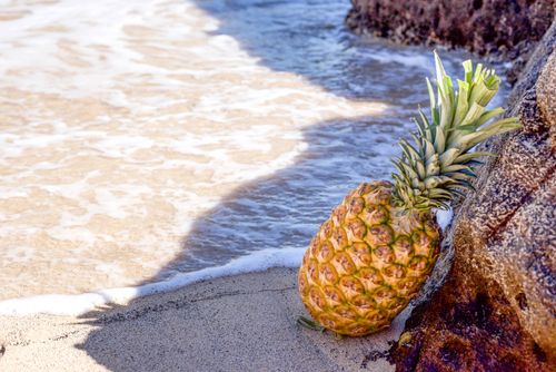 Free Pineapple resting on sandy beach with ocean waves, capturing tropical vacation vibes. Stock Photo