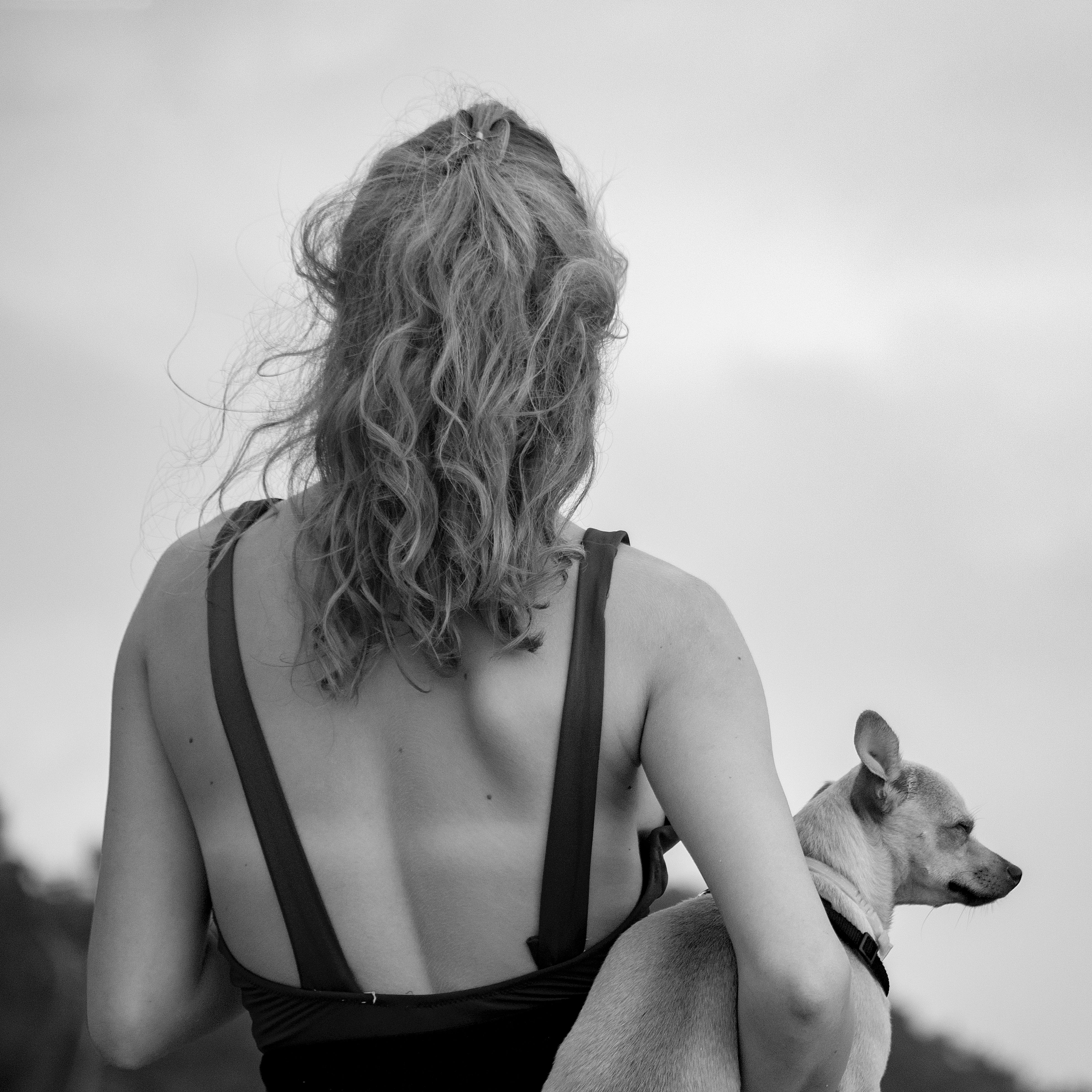 A woman is seen from behind holding a small dog outdoors in a grayscale image.