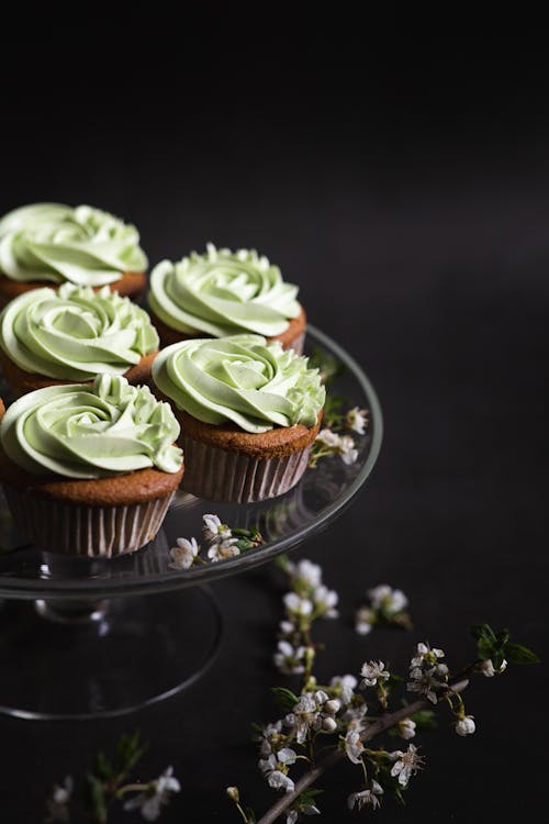Green Cupcakes on Clear Glass Tray