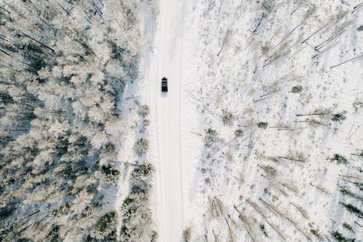 Aerial view of a snowy forest with a vehicle on a winter road in Altai, Russia.