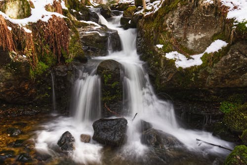 Waterfalls Flowing Over Mossy Rocks