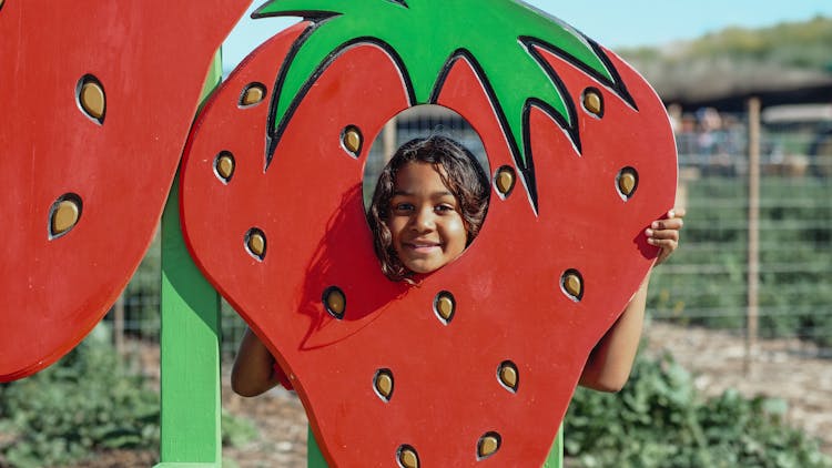 A Girl Putting Her Face On Strawberry Face Hole 