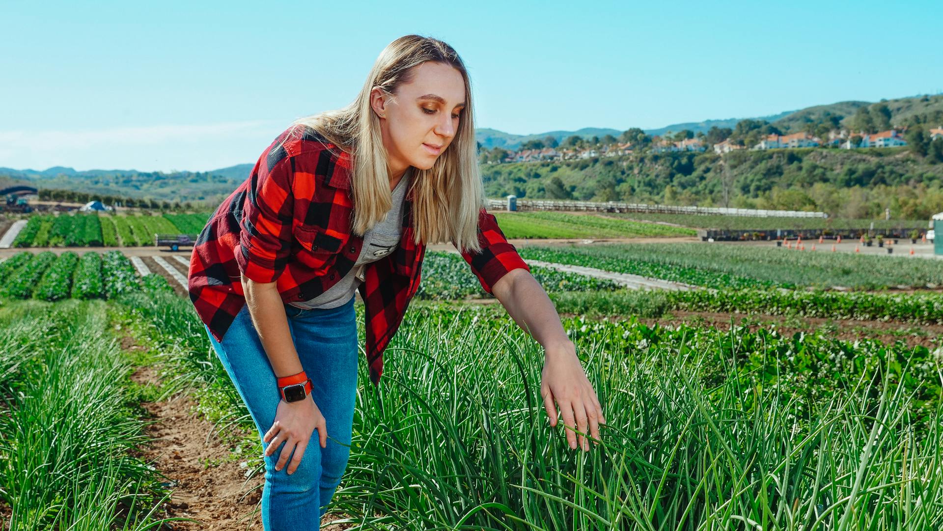 A woman in a red plaid shirt inspects crops in a picturesque countryside farm setting.