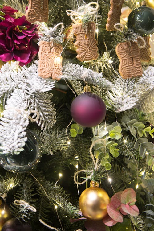 Free Green Christmas Tree Filled With Decors and Bauble Stock Photo
