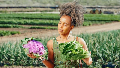 Free Woman in Green Dress Holding Cauliflower and Lettuce Stock Photo