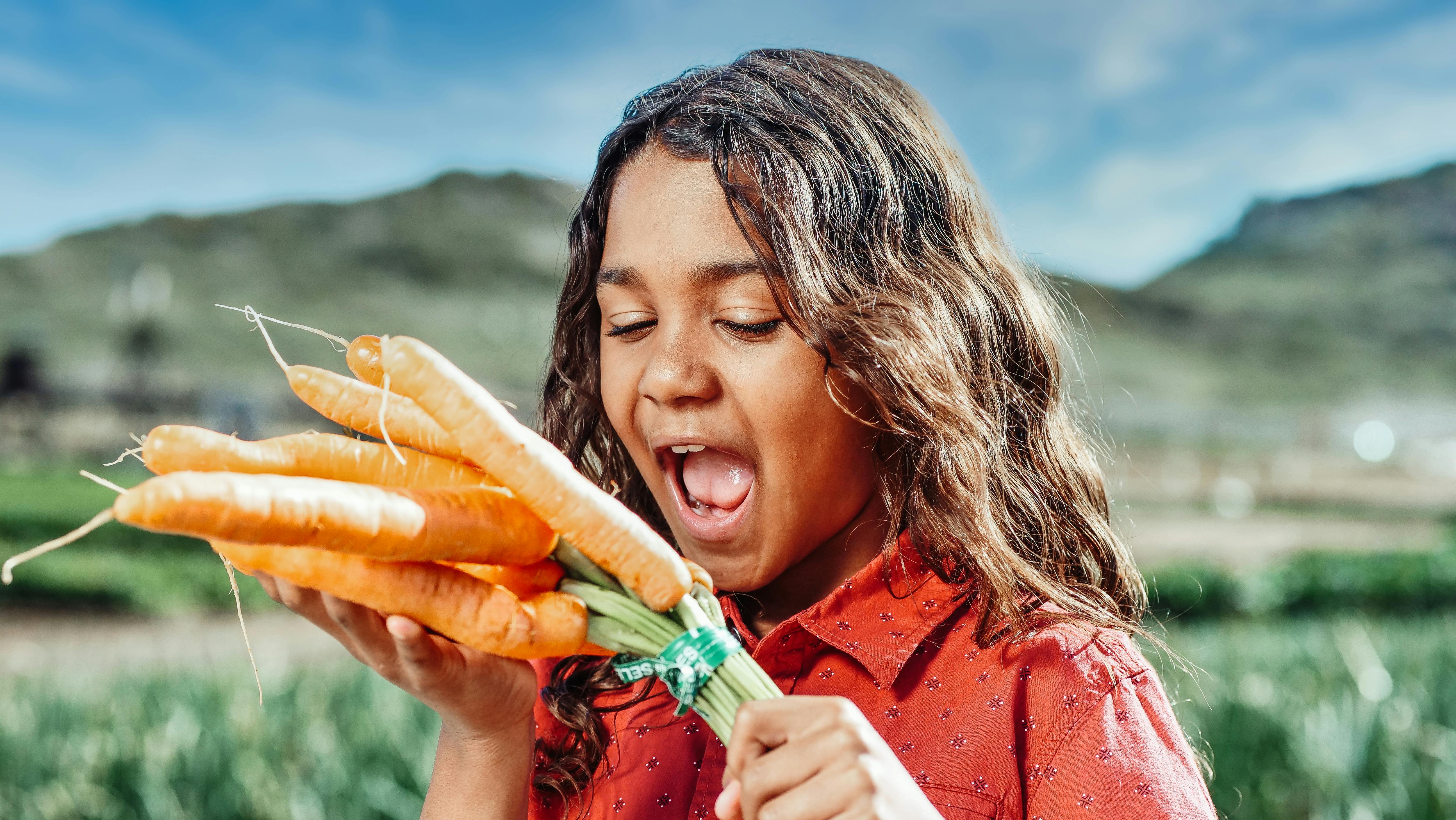 Little Girl Munching On A Carrot Stick Holding Bowl Of Vegetables Stock  Photo, Picture and Royalty Free Image. Image 11411207.