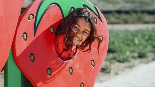 Free Smiling girl having fun at a strawberry-themed photo setup in a sunny farm setting. Stock Photo