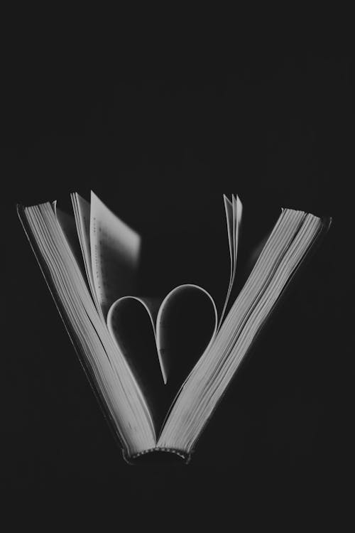 Pages of opened book curved into heart shape against black background in studio