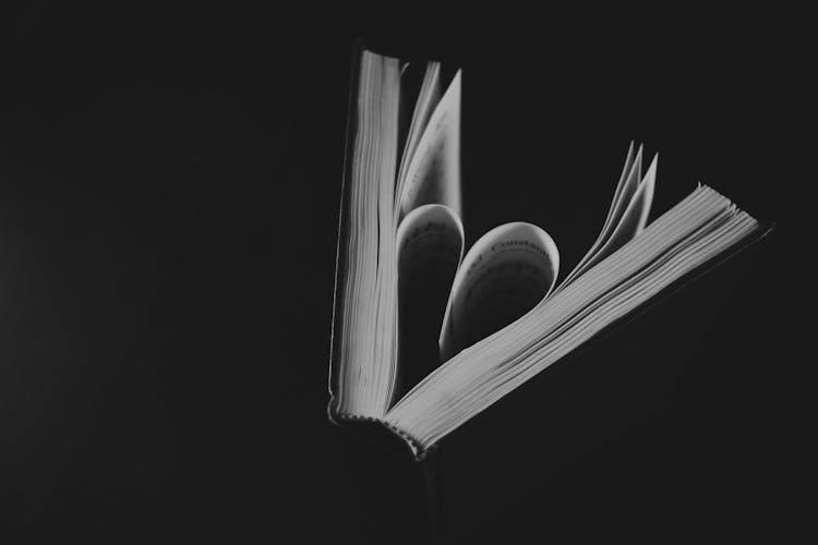 Opened Book With Sheet Heart Against Dark Background