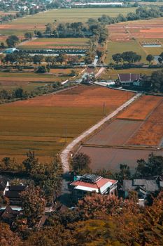 Idyllic aerial view of rural countryside farmland with fields, trees, and houses.