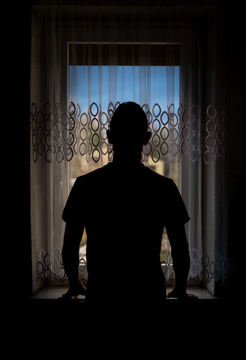 Free A dark silhouette of a person stands against a window with a clear view outdoors. Stock Photo