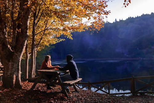 Man and Woman Sitting on Brown Wooden Bench Near Lake