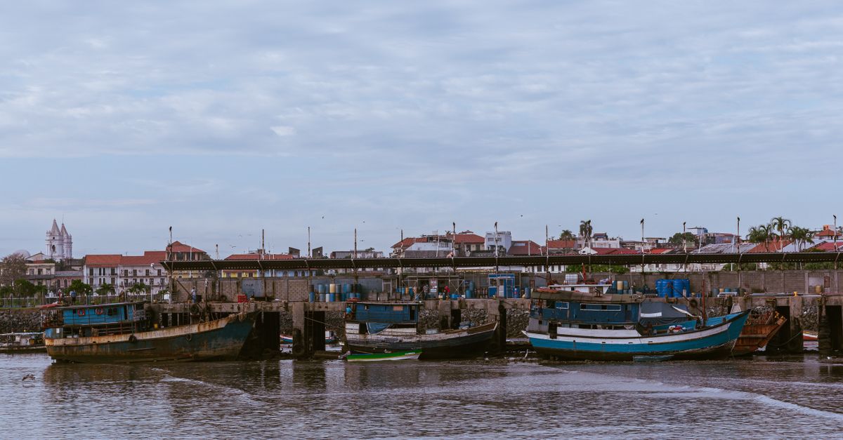 Trincomalee harbor with colonial architecture and traditional fishing boats