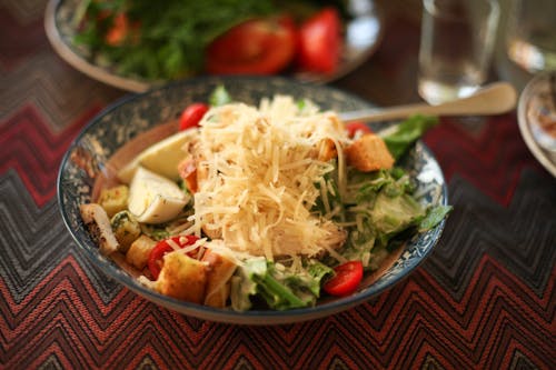 Salad on Blue Ceramic Bowl