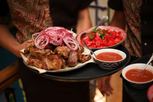 Cooked Food on Black Round Tray