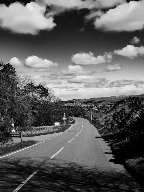 Grayscale Photo of an Empty Road