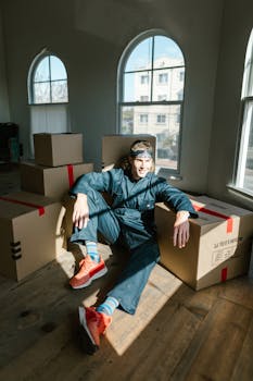 Man sitting among moving boxes in a sunlit room, wearing coveralls and looking relaxed.