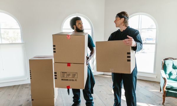 Moving & Relocation Services โ Two professional movers carrying cardboard boxes inside a bright room with large windows.