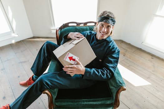 Young man sitting on a vintage chair holding a cardboard box with a smile, sunlight streaming in.