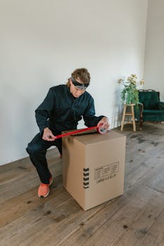 Adult man using red tape to seal a large moving box inside a room with wooden flooring.
