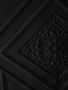 From below of ceiling with ornamental square molding and geometric lines in dark building