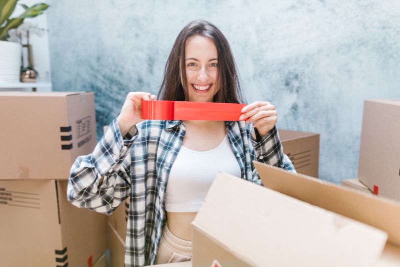 Packer smiling while sealing boxes with red tape