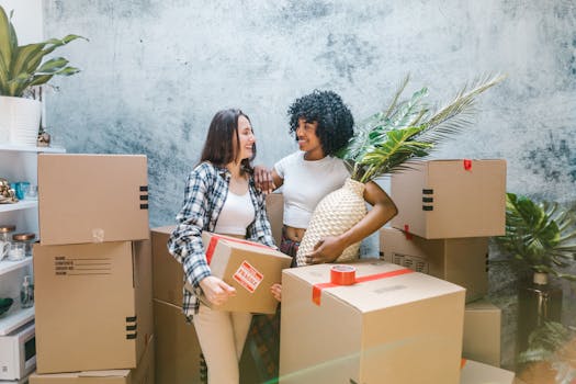Two women smiling while unpacking in their new home with houseplants and moving boxes.