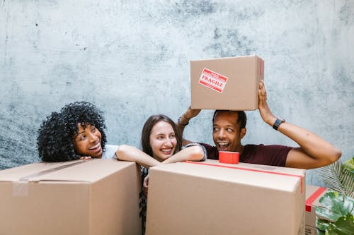 Free 2 Women and Man Surrounded by Cardboard Boxes Stock Photo