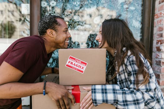 A joyful couple enjoying the moving day experience while carrying boxes labeled 'Fragile'.