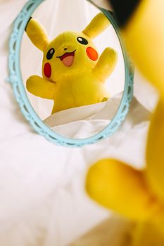 Adorable Pikachu plush toy captured in a playful reflection image, highlighting its bright colors and joyous expression.