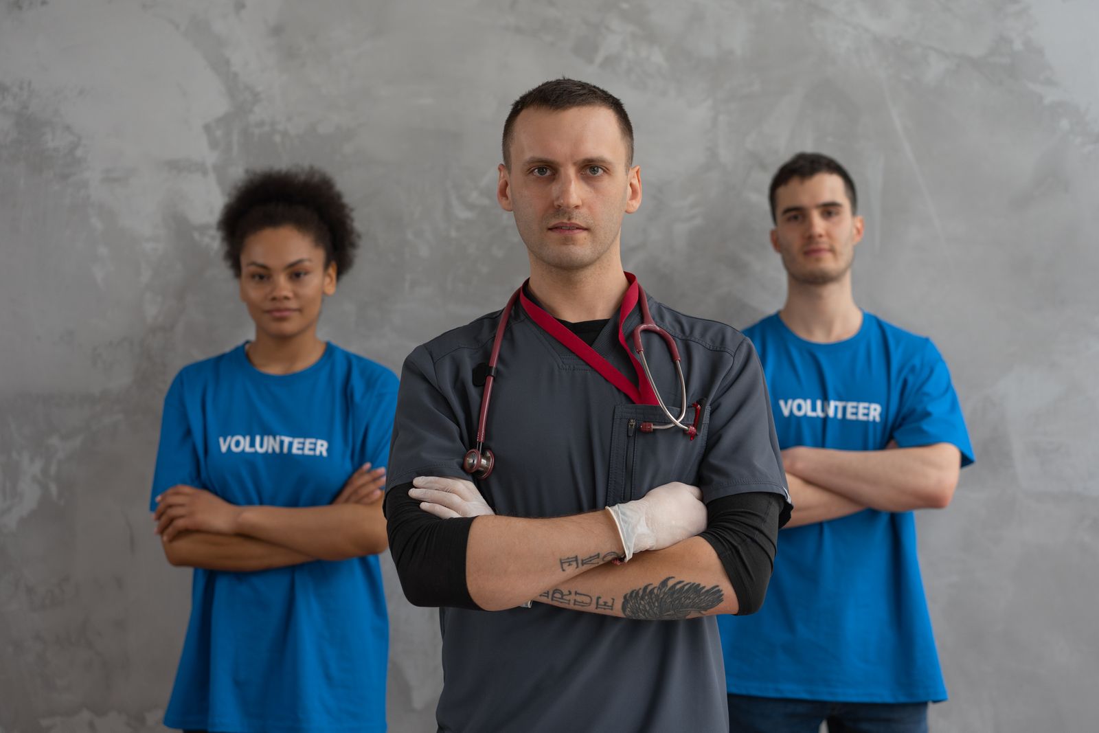Healthcare staff and volunteers standing together