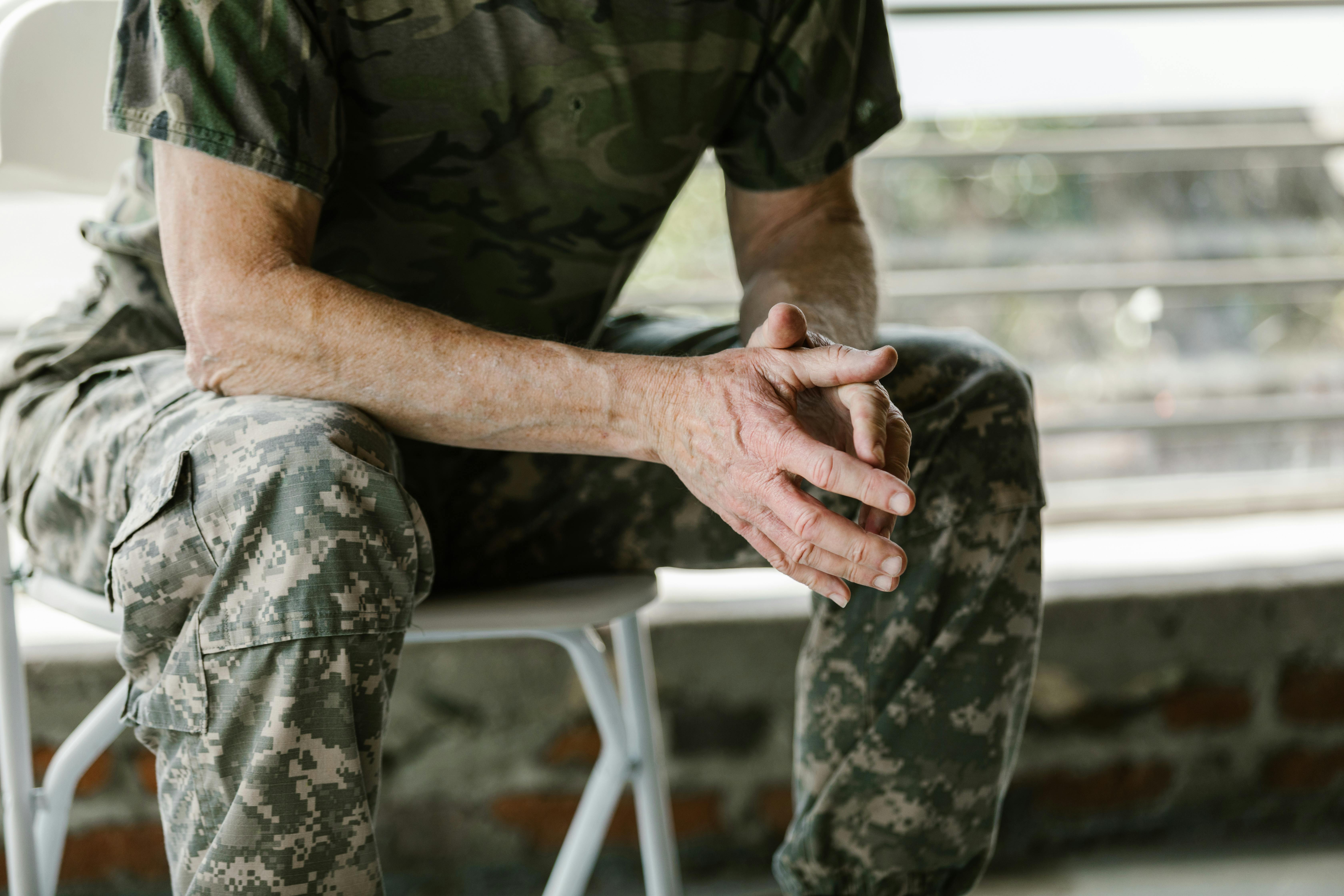 man in green and brown camouflage shirt