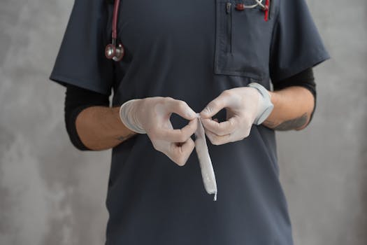 Healthcare professional wearing gloves preparing a medical gauze, emphasizing hygiene and readiness.
