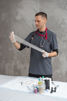 A veterinarian preparing medical supplies in a clinic setting, showcasing professionalism and care.