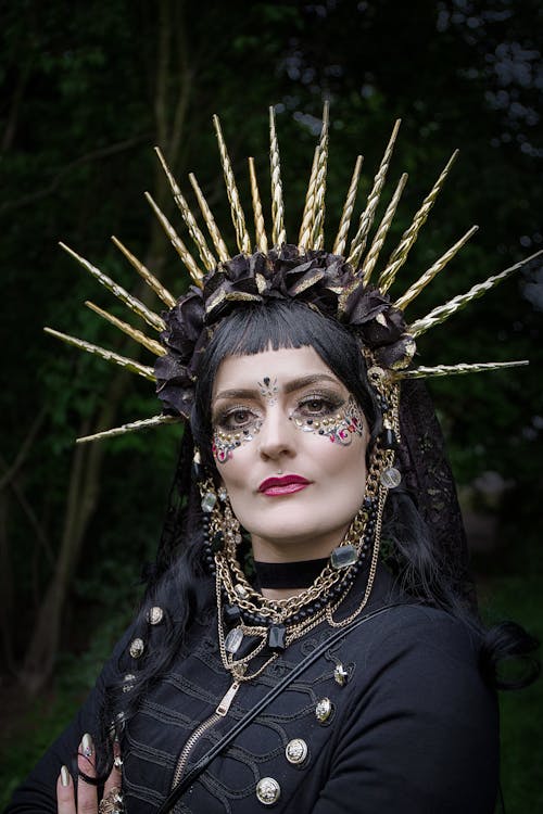 Woman in a Spiky Headdress and a Black Dress