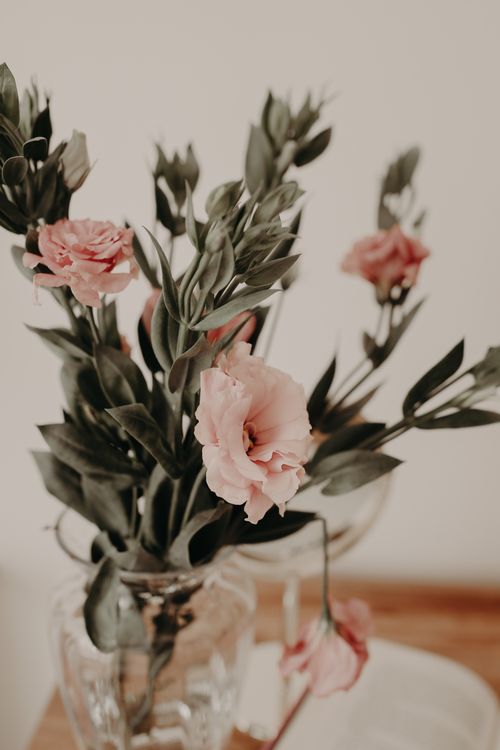 Free A beautiful arrangement of pink flowers in a crystal vase, perfect for adding elegance to any decor. Stock Photo