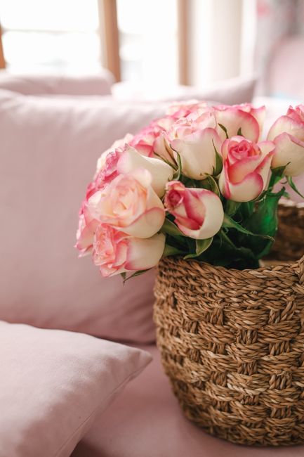 Bunch of fresh delicate roses in wicker basket placed on comfortable pink sofa with cushions in light room at home