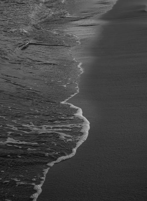 Grayscale Photo of Waves Crashing on the Shore