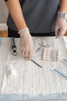 A healthcare professional wearing gloves preparing medical instruments on a sterile surface.