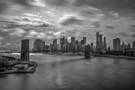 一幅以布鲁克林大桥为特色的纽约市天际线黑白图像，充满戏剧性