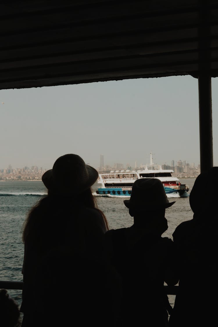 Silhouette Of People Looking At The Ferry On Water